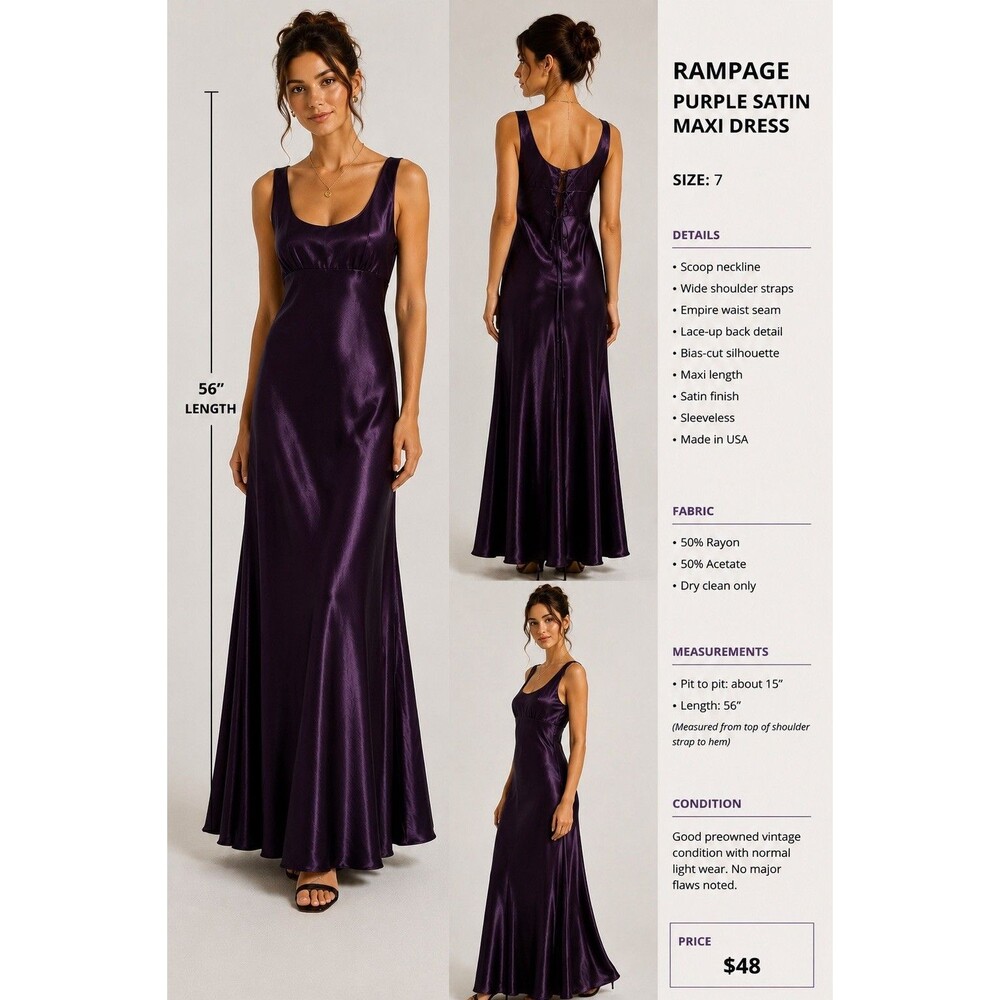 Vintage Rampage Purple Plum Satin Maxi Slip Dress Y2K Bias Cut Lace Back 7